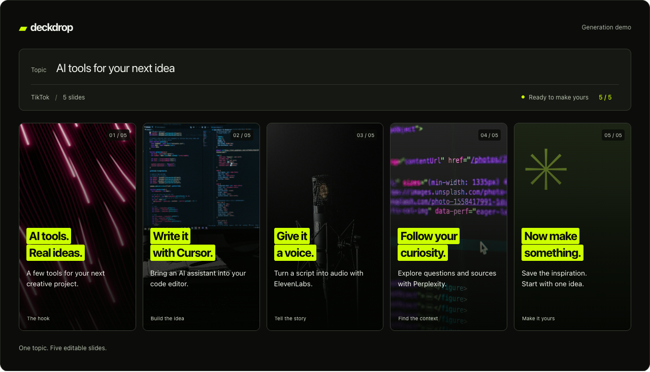 DeckDrop generation demo showing a topic and five example carousel slides