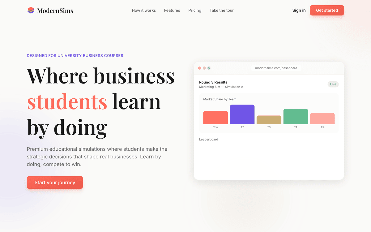 ModernSims screenshot — modernsims.com home: where business students learn by doing