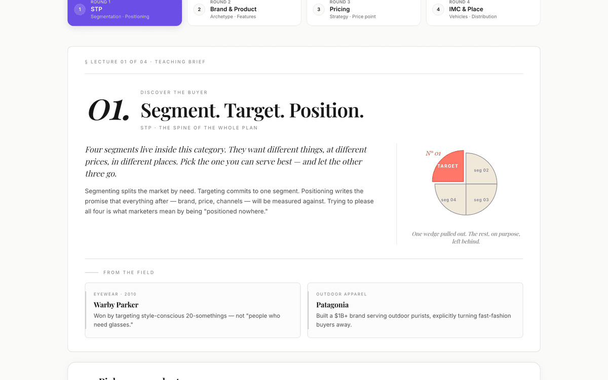 ModernSims screenshot — the round-one decision form: segment, target, position