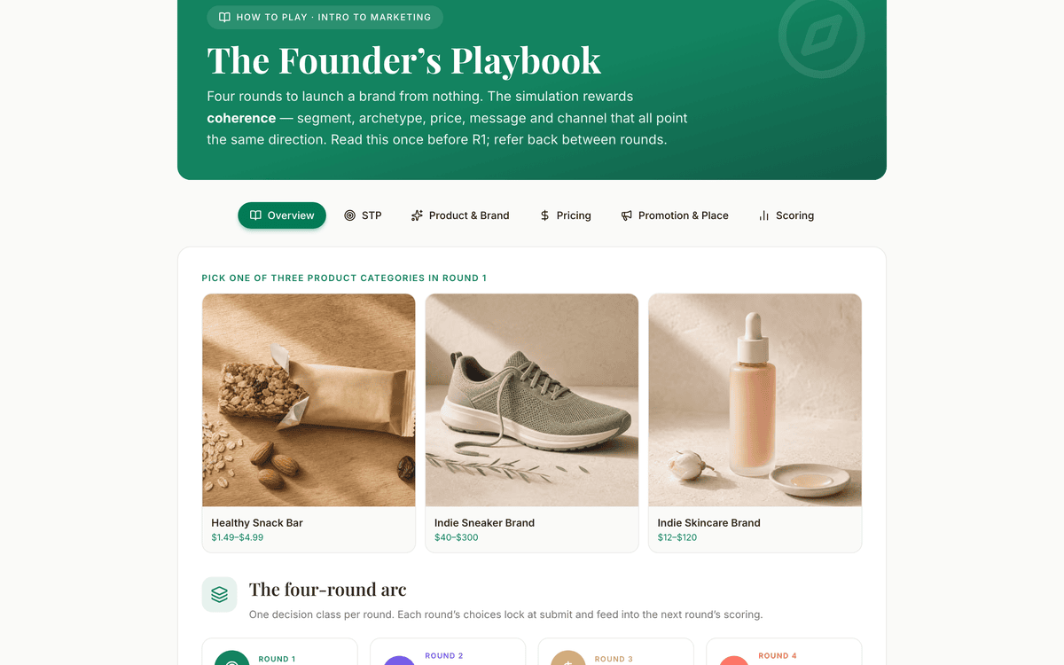 ModernSims screenshot — the Founder's Playbook: pick one of three product categories, four rounds