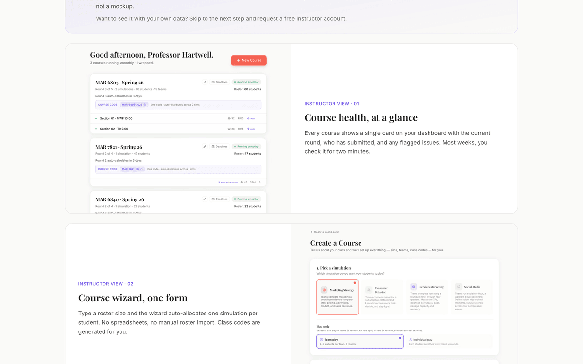 ModernSims screenshot — instructor view: course health at a glance and the one-form course wizard