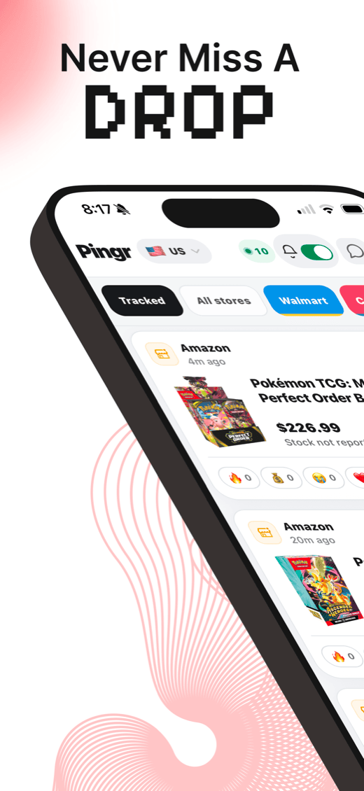 Pingr App Store screenshot — never miss a drop: the tracked-products feed with live restock pings