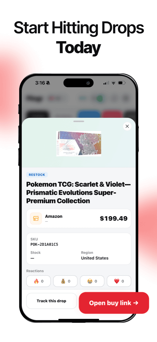 Pingr App Store screenshot — start hitting drops today: a product page with its buy link