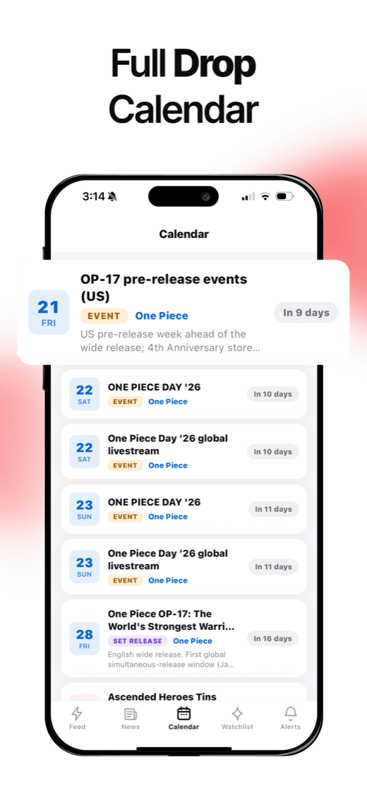 Pingr App Store screenshot — full drop calendar of upcoming pre-release events