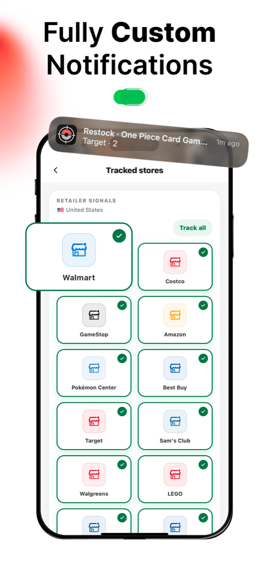 Pingr App Store screenshot — fully custom notifications: choose the stores you track