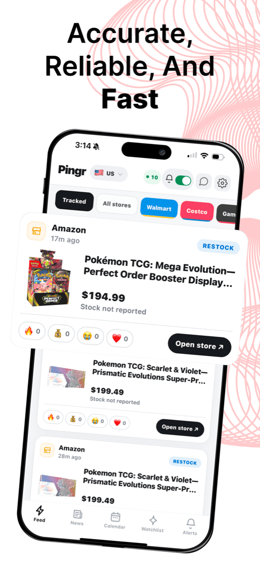 Pingr App Store screenshot — accurate, reliable, and fast: the live feed with prices