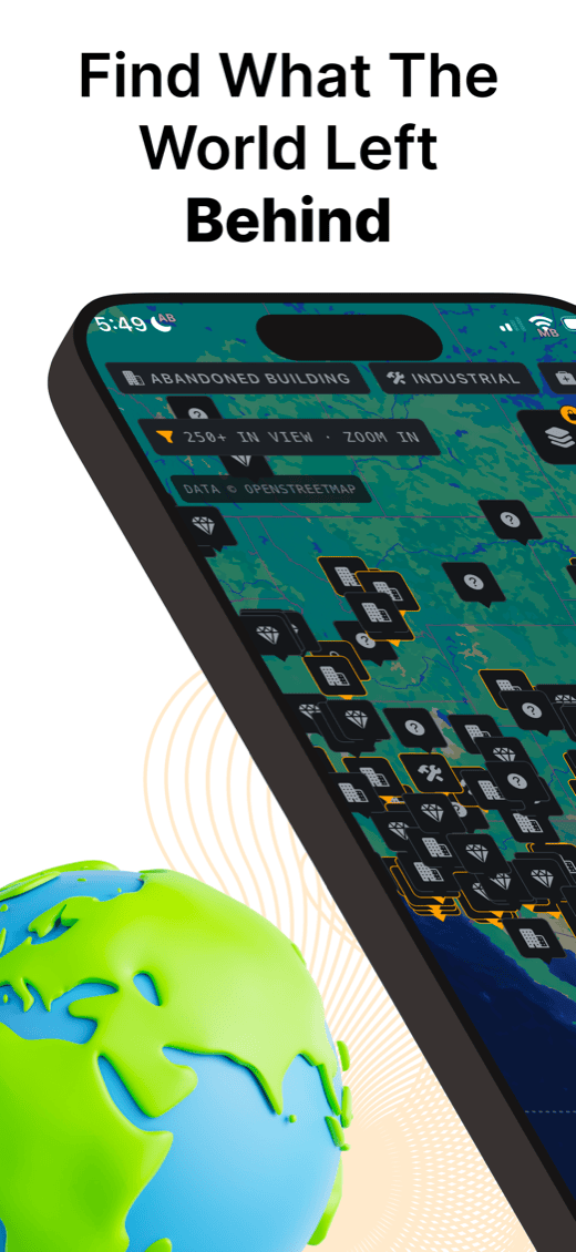 uMaps App Store screenshot — find what the world left behind: a map of abandoned and industrial locations