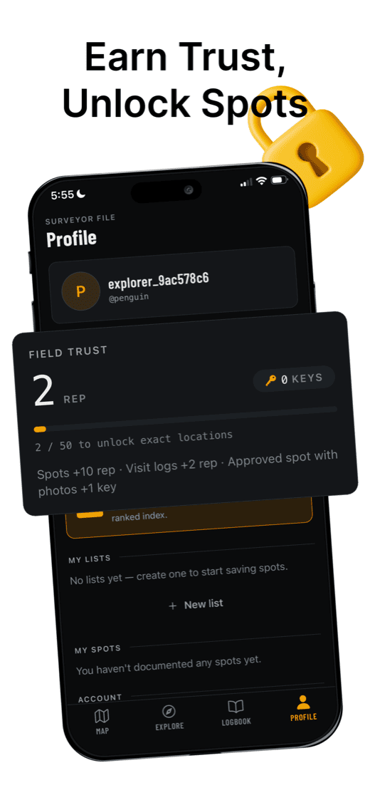 uMaps App Store screenshot — earn trust, unlock spots: your profile with field trust and keys